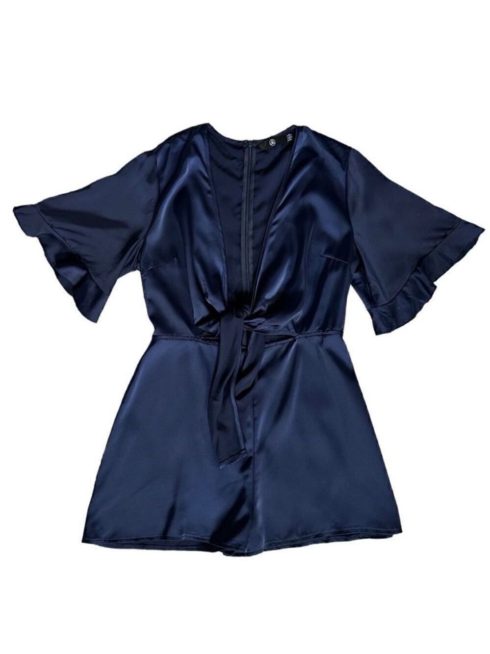Missguided Tie Front Cutout Satin Navy Blue Shorts Romper Sz 8 - Picture 16 of 16